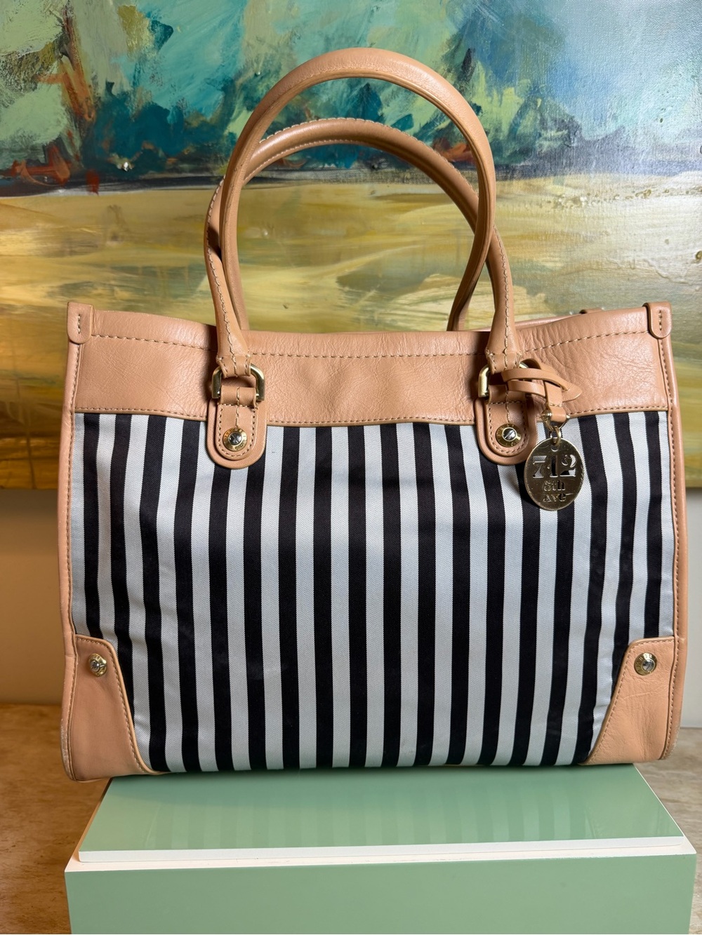 He to Bendel Black & White Stripe Tote with Leather Trim EUC